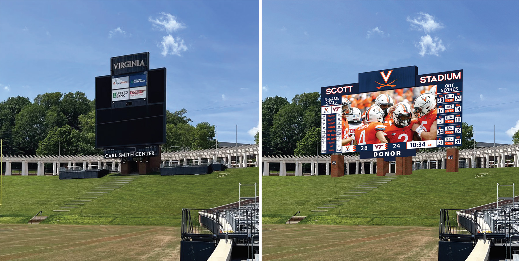 Side-by-side comparison of the current Scott Stadium scoreboard and an architectural rendering of an improved scoreboard. The new board is larger, with a wider screen and more space for stats readouts.