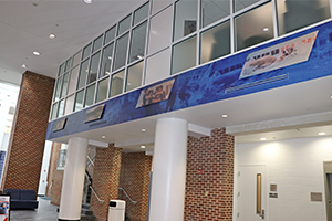 Photographic banners hung inside the Aquatic Fitness Center